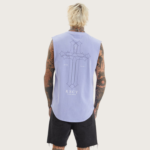 Model wears Principate Dual Curved Muscle Pigment Thistle Down Muscle Tees in Purple - Image 2