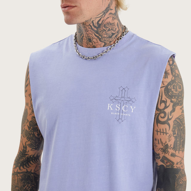 Model wears Principate Dual Curved Muscle Pigment Thistle Down Muscle Tees in Purple - Image 3