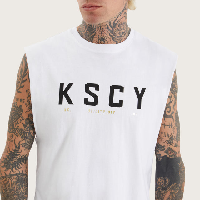 Model wears Penge Dual Curved Muscle Optical White Muscle Tees in White - Image 3