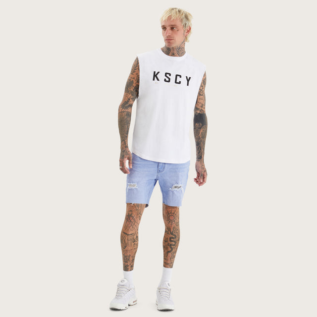 Model wears Penge Dual Curved Muscle Optical White Muscle Tees in White - Image 5