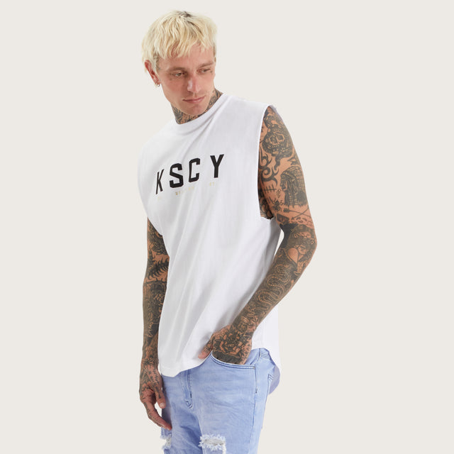 Model wears Penge Dual Curved Muscle Optical White Muscle Tees in White - Image 2