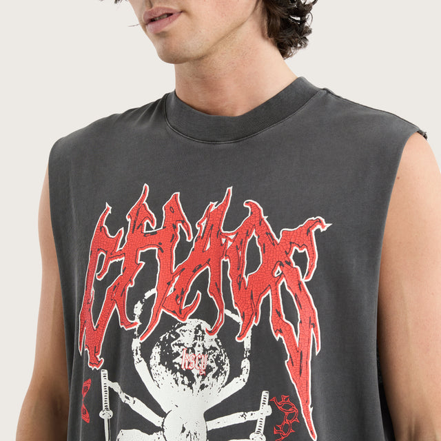 Model wears Katana Street Muscle Tee Pigment Asphalt Muscle Tees in Grey - Image 2