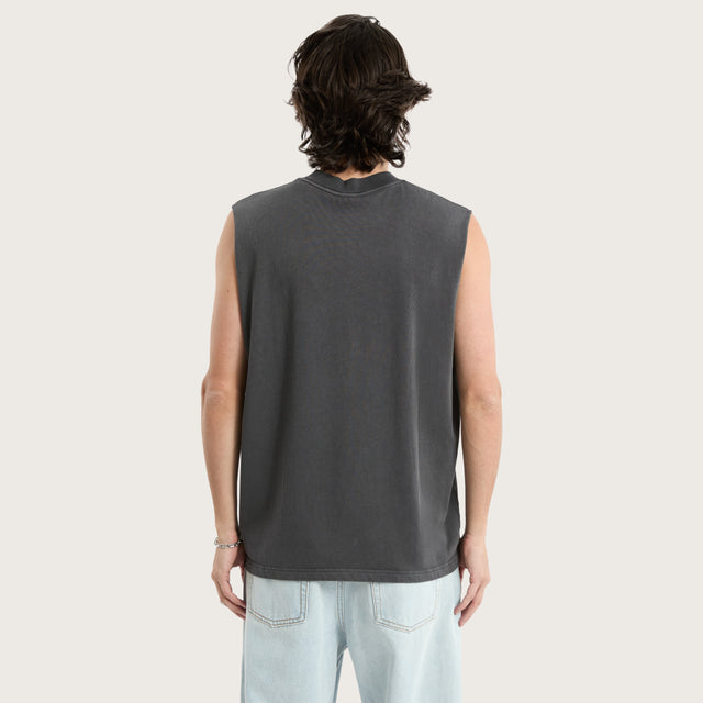 Model wears Katana Street Muscle Tee Pigment Asphalt Muscle Tees in Grey - Image 3