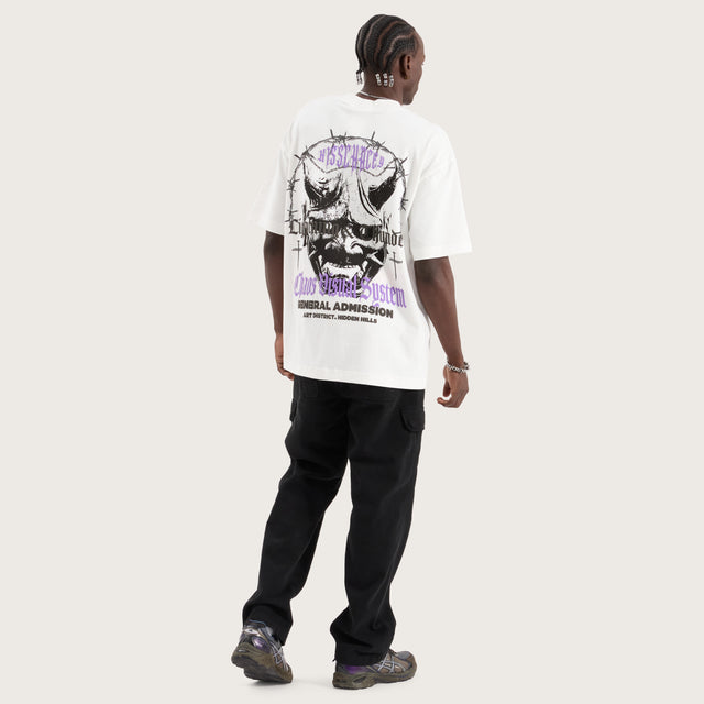 Model wears Thunder Street Tee Natural White T-Shirts in White - Image 4