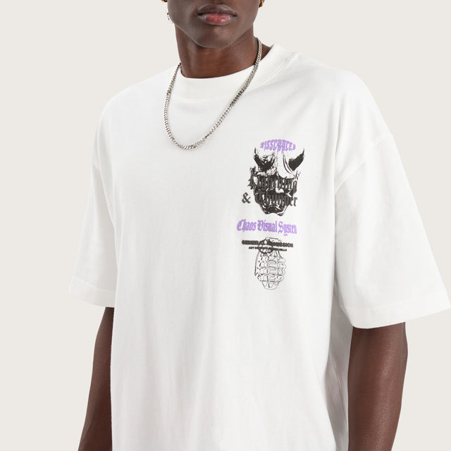 Model wears Thunder Street Tee Natural White T-Shirts in White - Image 3