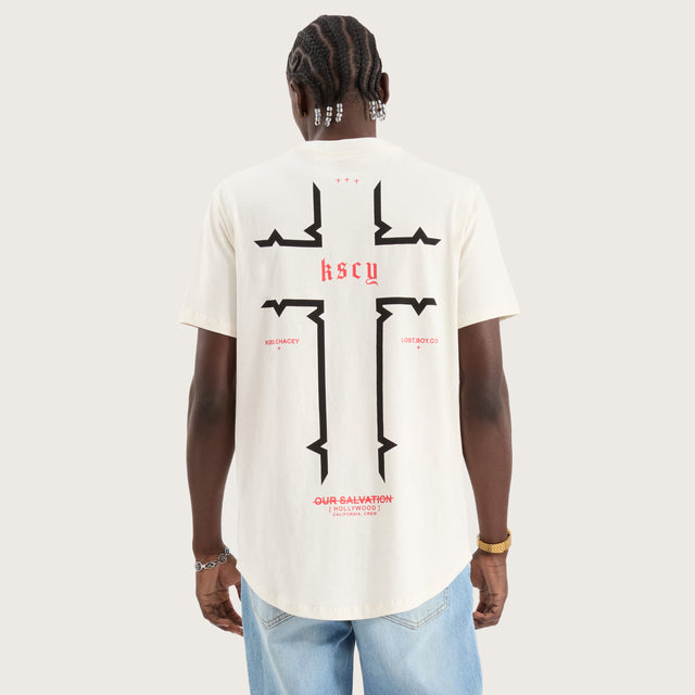 Model wears Thready Dual Curved Tee Natural White T-Shirts in White - Image 1