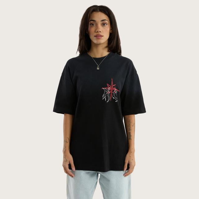 Model wears Coven Box Fit Tee in Jet Black T-Shirts in Black - Image 3