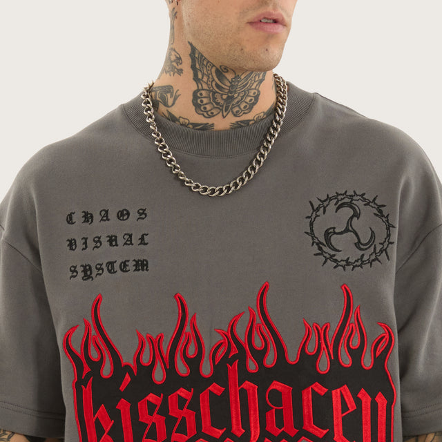 Model wears Repair Loopback Street Tee Charcoal T-Shirts in Grey - Image 3