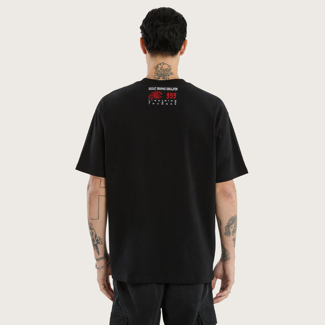 Model wears Double Box Fit Tee Jet Black T-Shirts in Black - Image 4