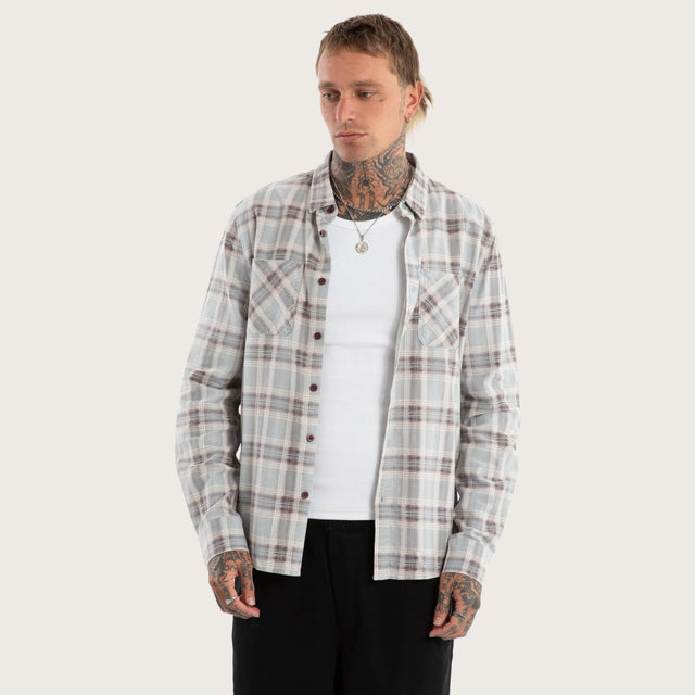 Model wears Driver Casual Longsleeve Check Shirt Grey Check Long Sleeve Shirts in Grey - Image 1