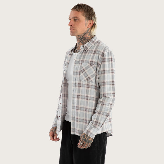 Model wears Driver Casual Longsleeve Check Shirt Grey Check Long Sleeve Shirts in Grey - Image 3