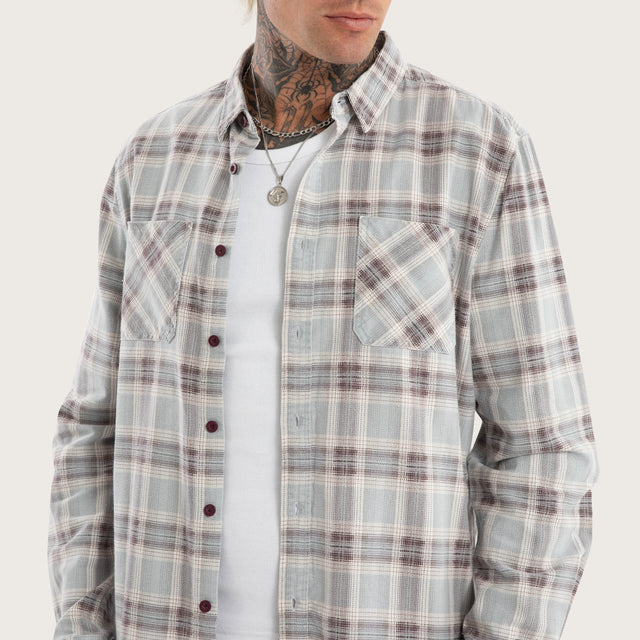 Model wears Driver Casual Longsleeve Check Shirt Grey Check Long Sleeve Shirts in Grey - Image 5