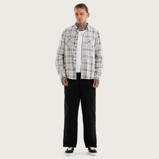 Model wears Driver Casual Longsleeve Check Shirt Grey Check Long Sleeve Shirts in Grey - Image 4