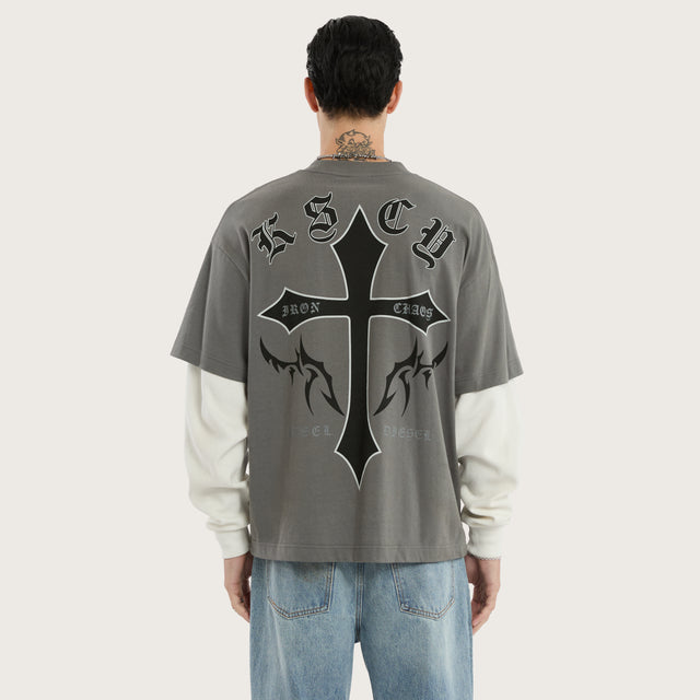 Model wears Lithium Layered Waffle Longsleeve Tee Charcoal Grey Longsleeve T-Shirts in Grey - Image 2