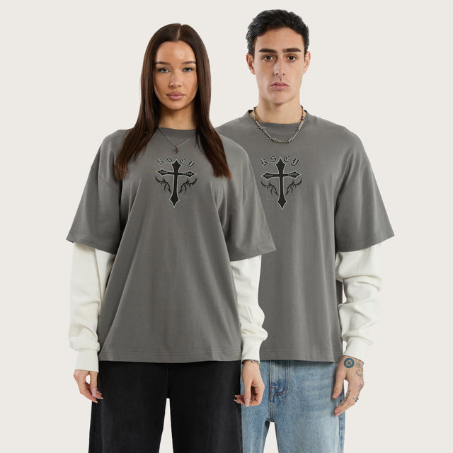 Model wears Lithium Layered Waffle Longsleeve Tee Charcoal Grey Longsleeve T-Shirts in Grey - Image 1