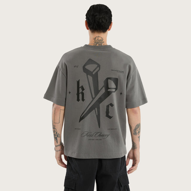 Model wears Nailed Loopback Street Tee Charcoal Grey T-Shirts in Grey - Image 2