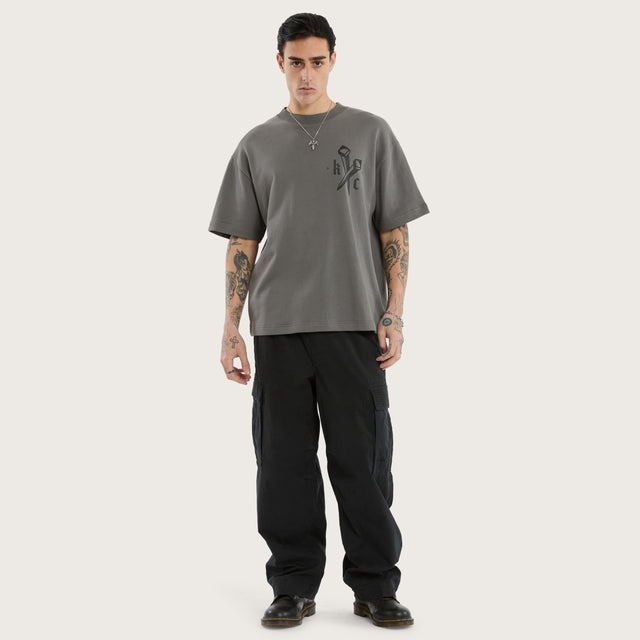 Model wears Nailed Loopback Street Tee Charcoal Grey T-Shirts in Grey - Image 6