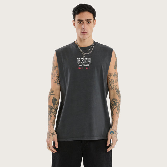 Model wears Iron Thunder Relaxed Muscle Tee Pigment Black Muscle Tees in Black - Image 4