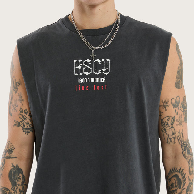 Model wears Iron Thunder Relaxed Muscle Tee Pigment Black Muscle Tees in Black - Image 5
