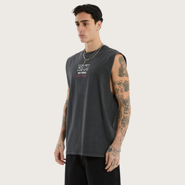 Model wears Iron Thunder Relaxed Muscle Tee Pigment Black Muscle Tees in Black - Image 3