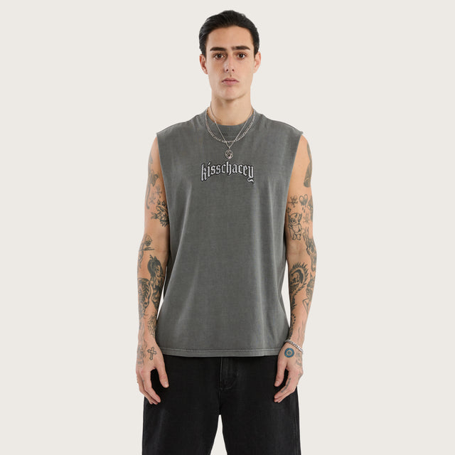 Model wears Obelisk Relaxed Muscle Tee Pigment Charcoal Grey Muscle Tees in Grey - Image 1
