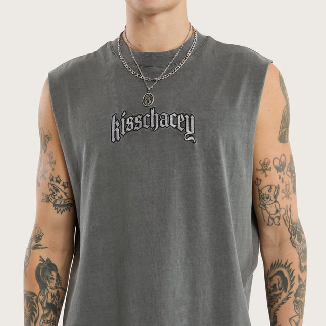 Model wears Obelisk Relaxed Muscle Tee Pigment Charcoal Grey Muscle Tees in Grey - Image 3