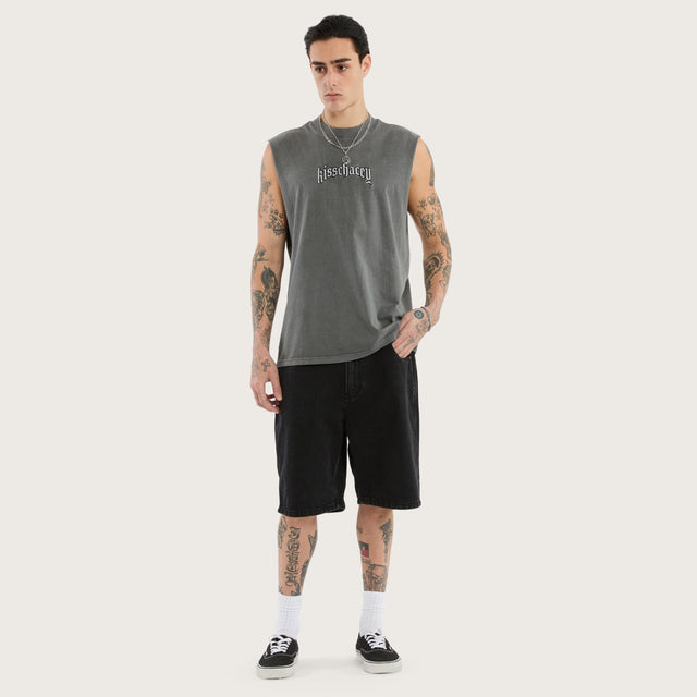Model wears Obelisk Relaxed Muscle Tee Pigment Charcoal Grey Muscle Tees in Grey - Image 4