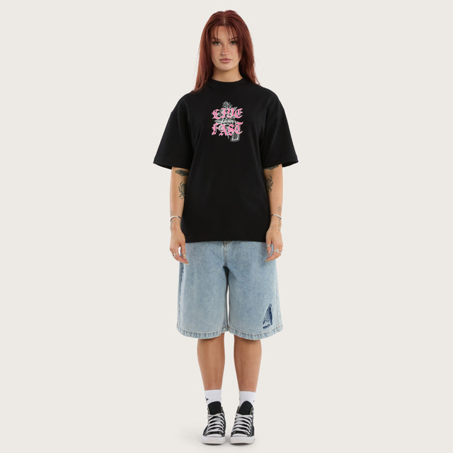 Model wears Live Fast Street Tee Jet Black T-Shirts in Black - Image 4