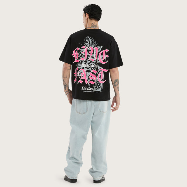 Model wears Live Fast Street Tee Jet Black T-Shirts in Black - Image 7