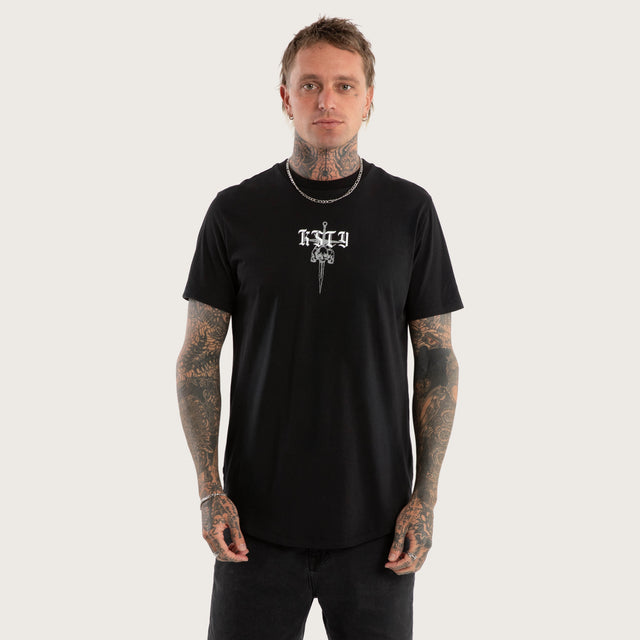 Model wears Testament Dual Curved Tee Jet Black T-Shirts in Black - Image 4