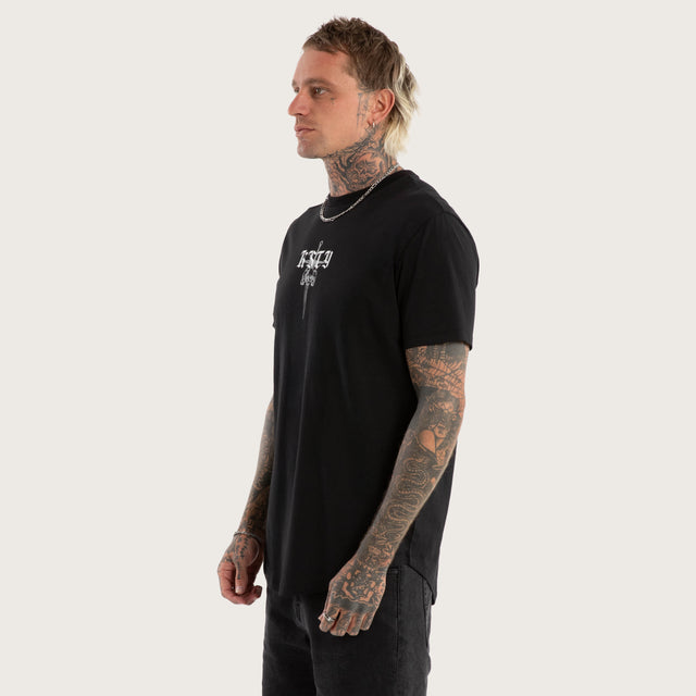 Model wears Testament Dual Curved Tee Jet Black T-Shirts in Black - Image 5