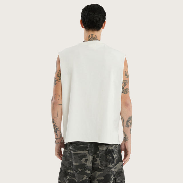 Model wears Rip Mechanic Muscle Natural White Muscle Tees in White - Image 5