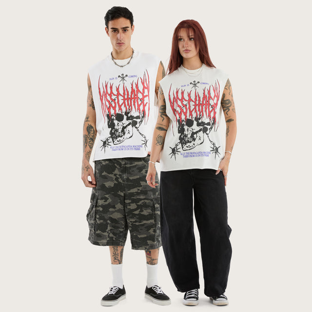 Model wears Rip Mechanic Muscle Natural White Muscle Tees in White - Image 6