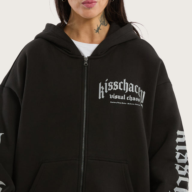 Model wears Kingdom Street Zip Hoodie Jet Black Hoodies in Black - Image 9