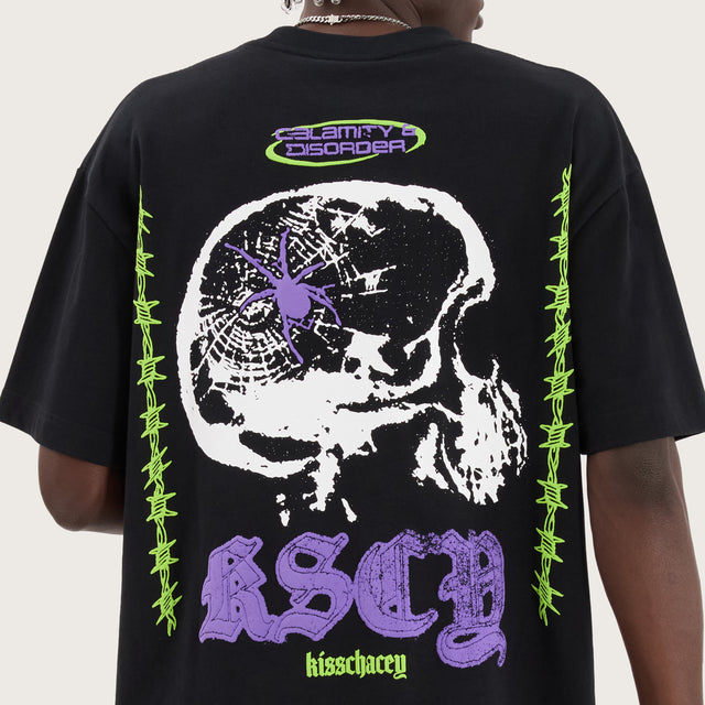 Model wears Disorder Street Tee Anthracite T-Shirts in Black - Image 4