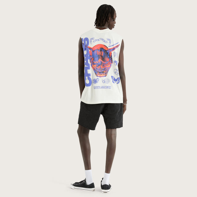 Model wears Mask Street Muscle Natural White Muscle Tees in White - Image 4