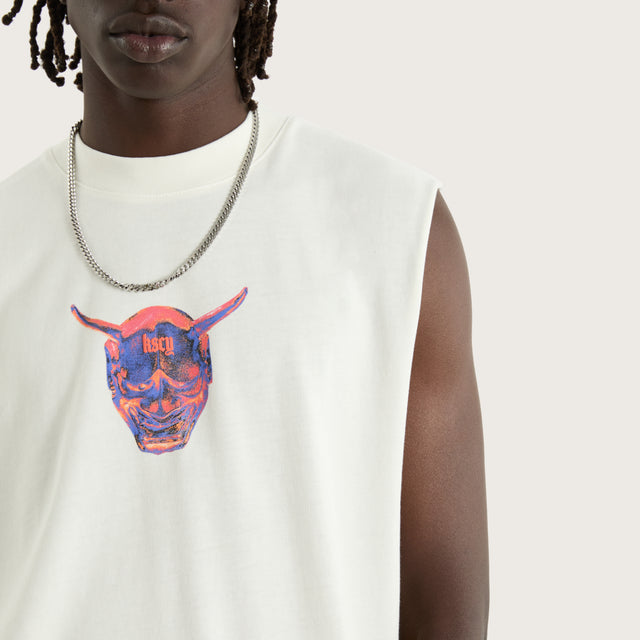 Model wears Mask Street Muscle Natural White Muscle Tees in White - Image 3