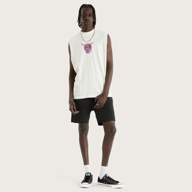 Model wears Mask Street Muscle Natural White Muscle Tees in White - Image 5
