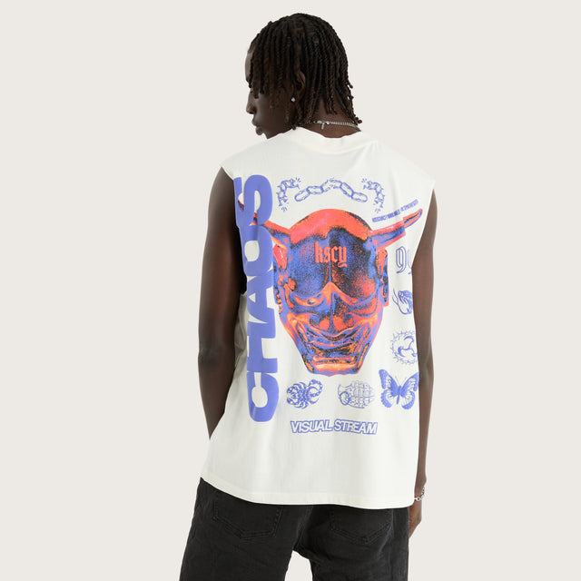 Model wears Mask Street Muscle Natural White Muscle Tees in White - Image 1
