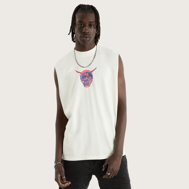 Model wears Mask Street Muscle Natural White Muscle Tees in White - Image 2