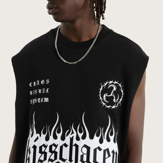 Model wears System Loopback Mechanic Muscle Black Muscle Tees in Black - Image 2