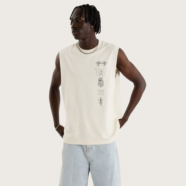 Model wears Redback Street Muscle Tofu Muscle Tees in Off-White - Image 3