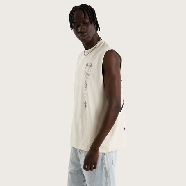 Model wears Redback Street Muscle Tofu Muscle Tees in Off-White - Image 7