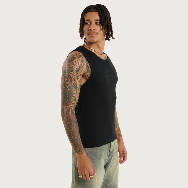 Model wears Chaos Singlet Anthracite Black Tanks in Black - Image 3