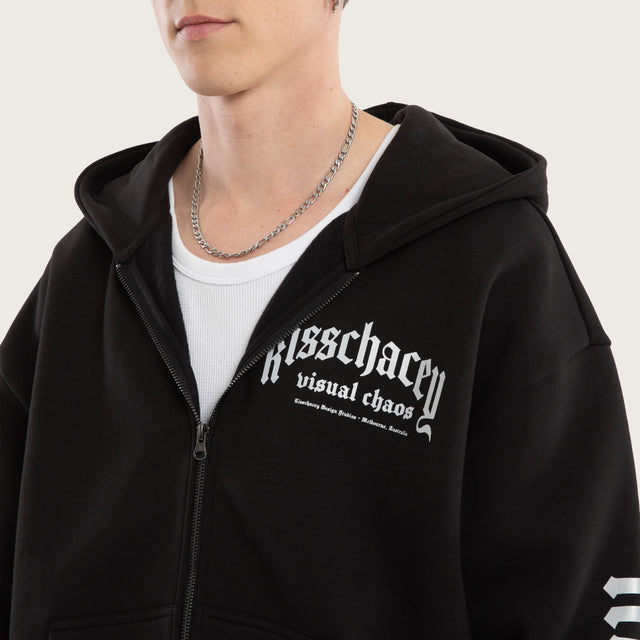 Model wears Kingdom Street Zip Hoodie Jet Black Hoodies in Black - Image 6