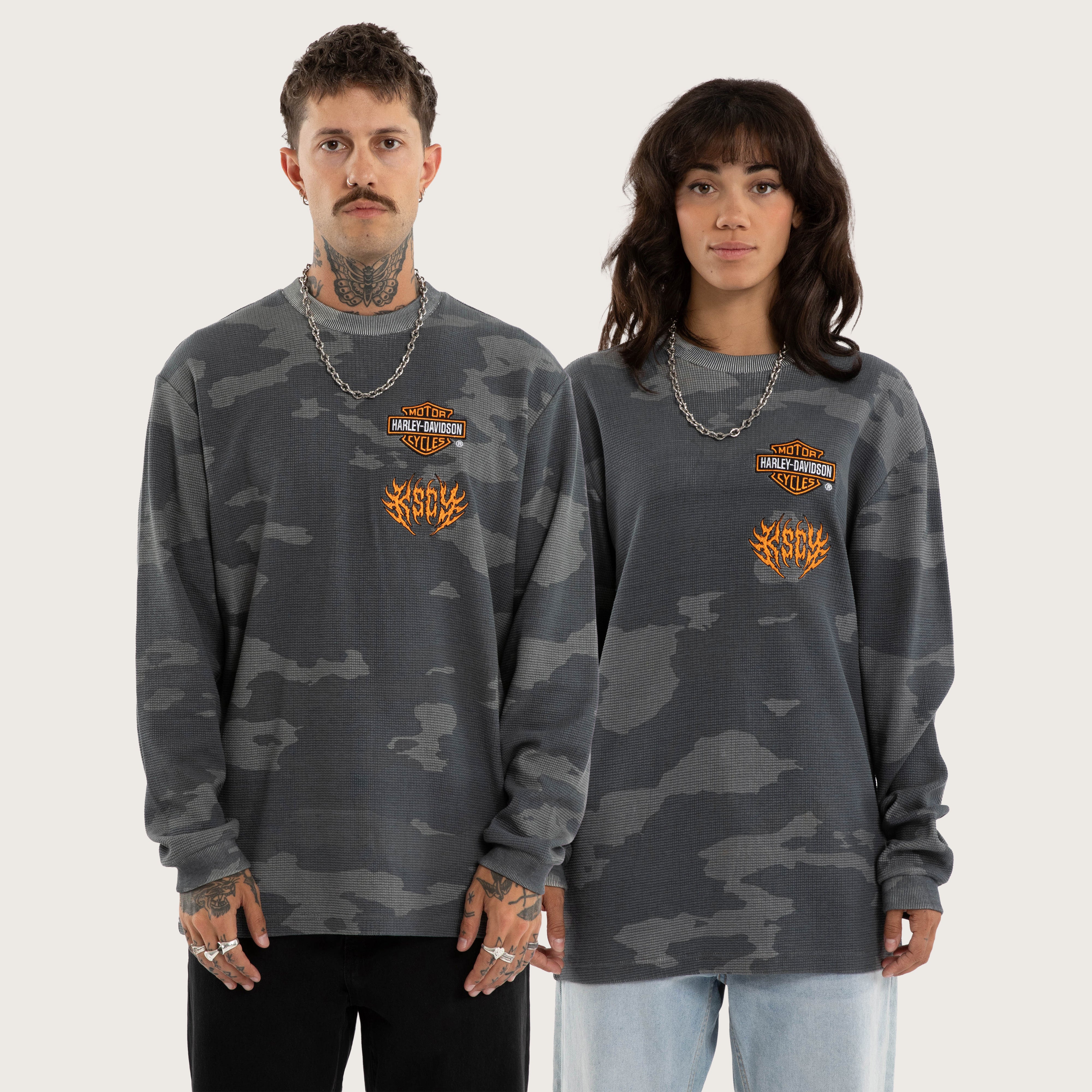 Harley-Davidson Touring Longsleeve Mini Waffle Tee Camo Green | KSCY