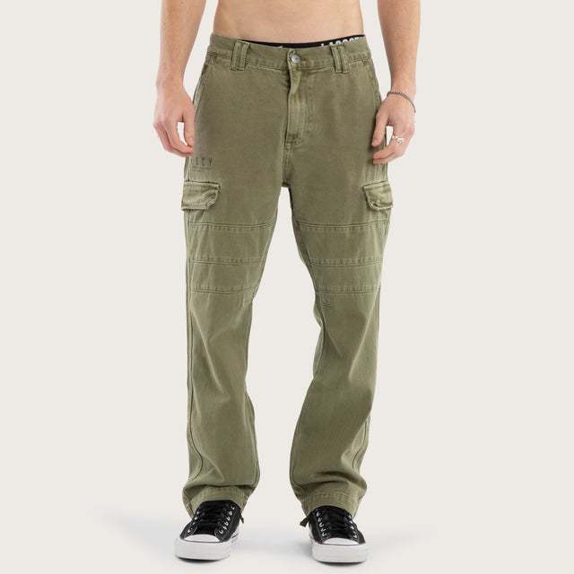 Model wears Seattle Cargo Pant Khaki Pants in Green - Image 3