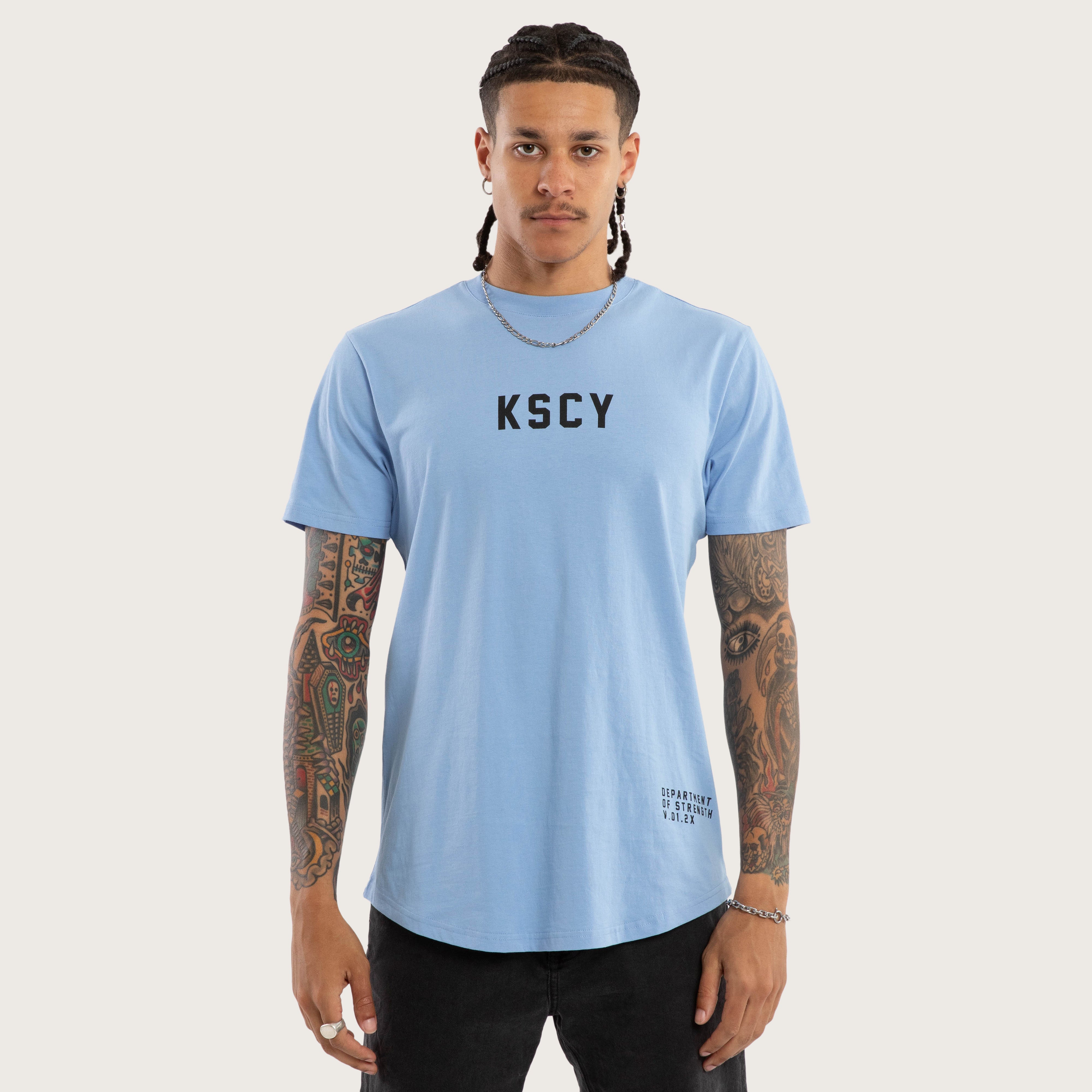 トップス crayme Asymmetry Hem Line Logo Tops Smoke Curved Hem Tee in Blue and Black | KSCY