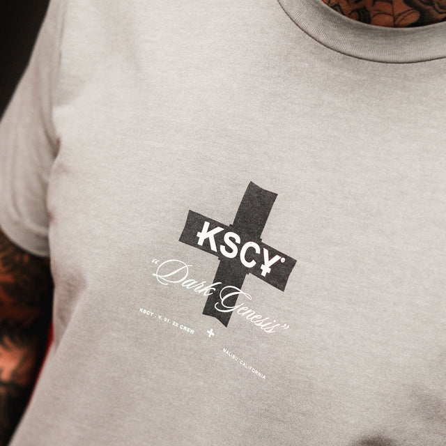 Model wears Resolved Dual Curved Tee Pigment Limestone T-Shirts in Grey - Image 2