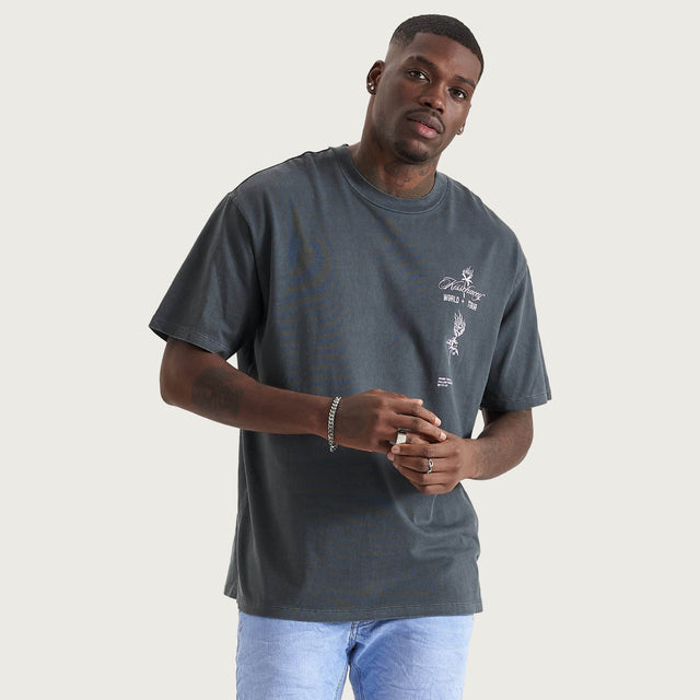 Model wears After Life Box Fit T-Shirt Pigment Asphalt T-Shirts in Grey - Image 4